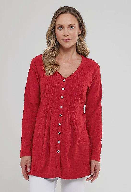 Women's Blouse with Shirt CollarOrganic Cotton Slub Riven Tunic – Red