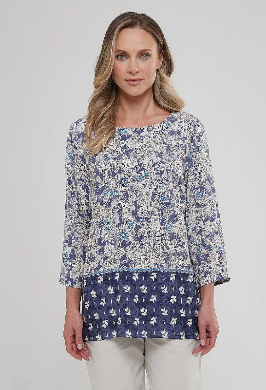 Women's Blouse with U-Shaped NeckWoodcut Floral Border Izzy Tunic - Blue Mix