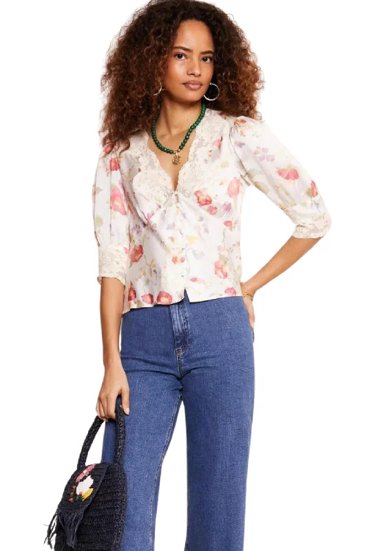 Women's Blouse with Straight HemAmanda Top in Waterblossom Ivory