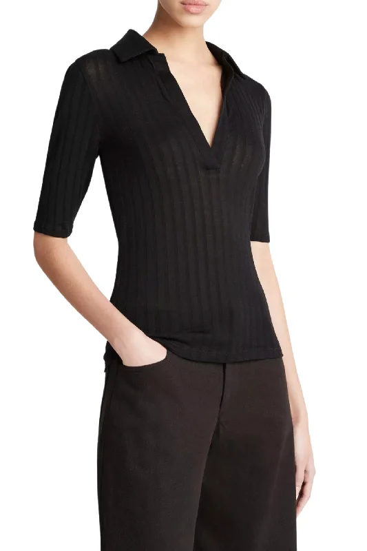 Women's Blouse with Rounded CollarElbow Sleeve Polo in Black