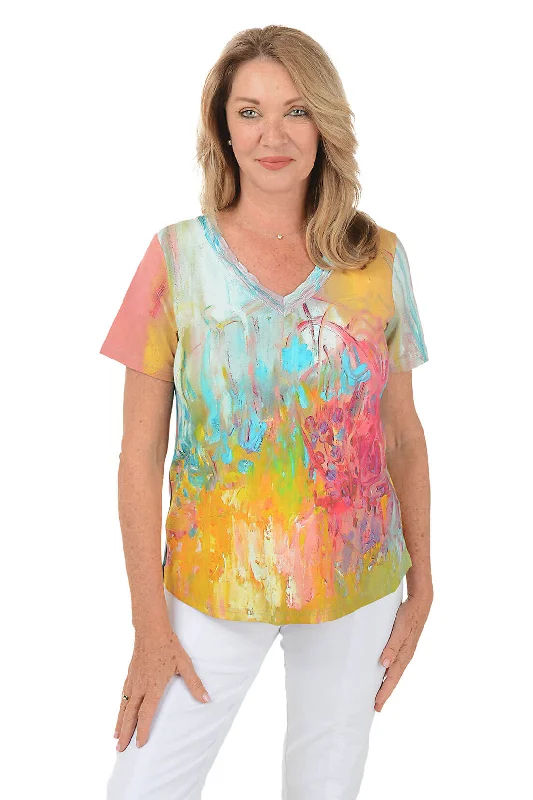 Women's Blouse with Mandarin CollarLavender Shirred V-Neck Tee