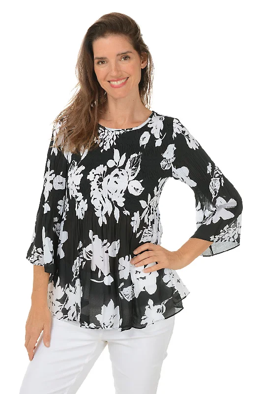 Women's Blouse with U-Shaped CollarNighttime Garden Pleated Bell Sleeve Blouse