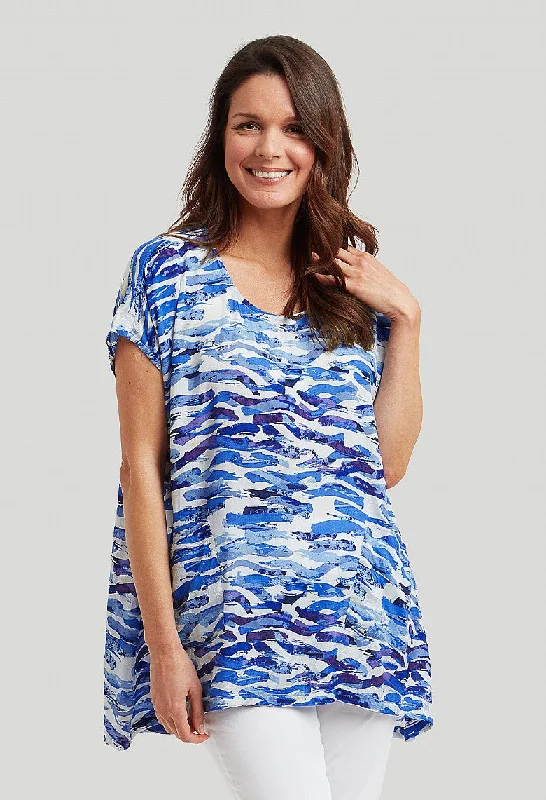 Women's Blouse with Collarless NeckOcean Print Colleen Tunic - Blue Mix