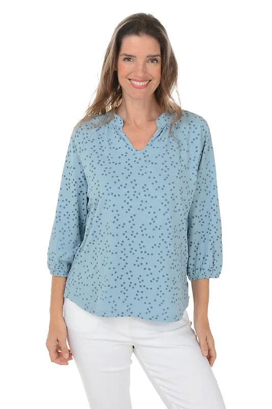 Women's Blouse with SmockingDotted Split Neck Slub Knit Top