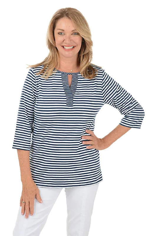 Women's Blouse with Low CollarSailor Striped Keyhole Neck Top