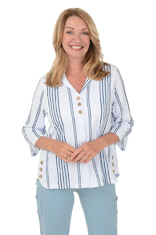 Women's Blouse with FrillsStriped Button-Front Slub Knit Top