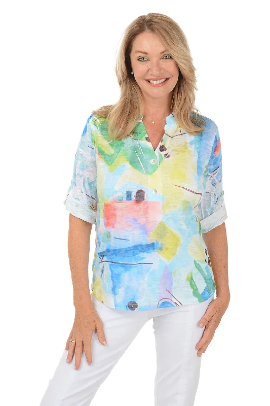 Women's Blouse with EmbroideryAbstract Waterfront High-Low Knit Top