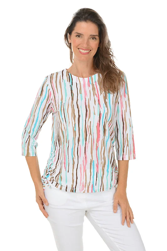 Women's Blouse with Collarless DesignMulticolor Wavy Stripe Side Shirred Top