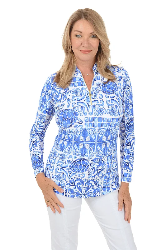 Women's Blouse with PocketsBlue Turtle Tile UPF50+ Sun Shirt