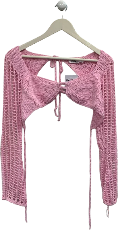 Women's Lapel Collar SweatersTiger Mist Pink Crochet Open Front Top UK S