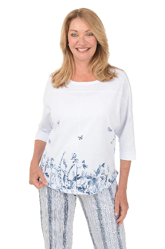 Women's Blouse with FlouncesWhite Butterfly Floral Dolman Sleeve Top