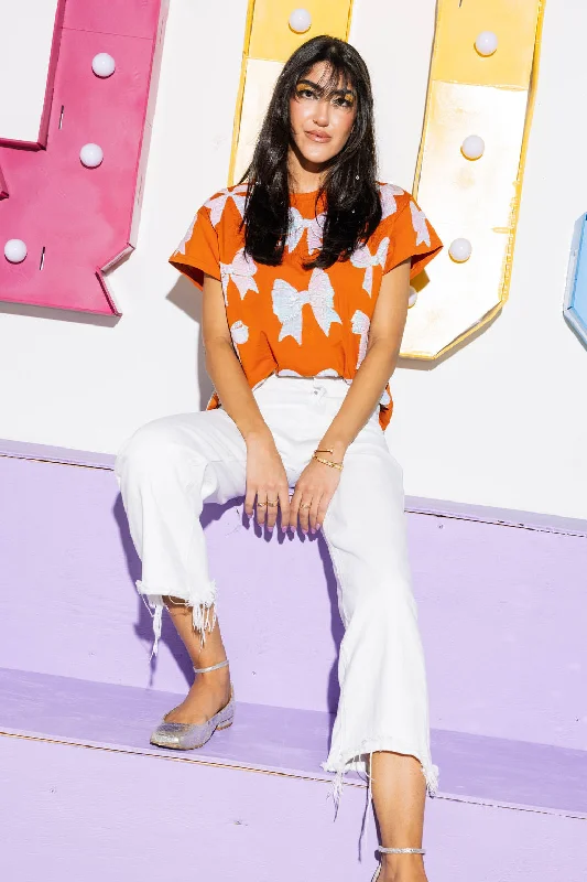 Women's Blouse with Narrow CollarBurnt Orange & White Bow Tee