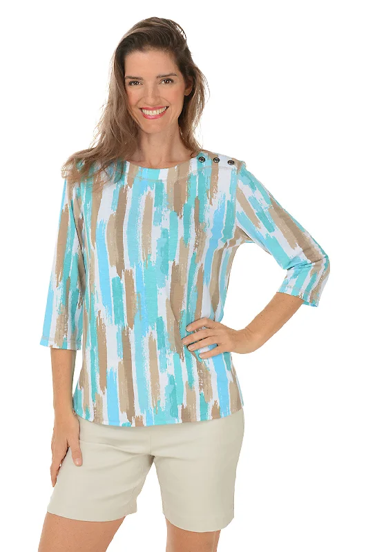 Women's Blouse with Sweetheart CollarAqua Brushstroke Stripe Button Shoulder Top