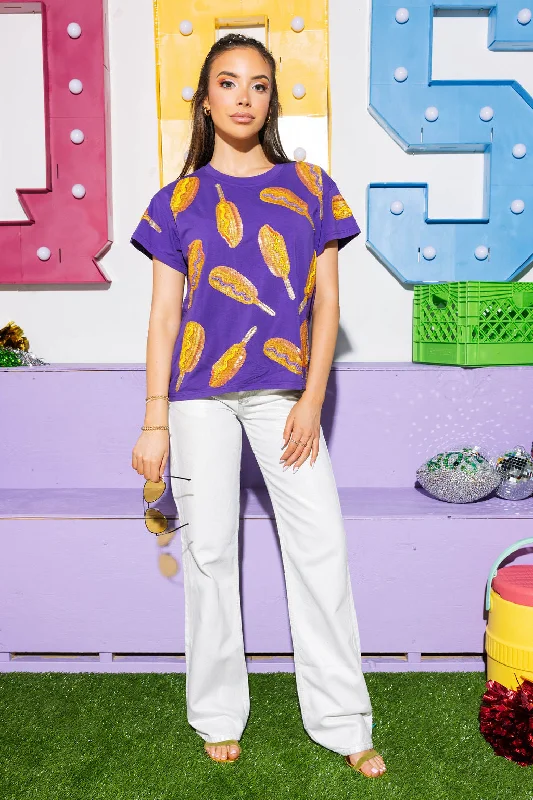 Women's Blouse with Keyhole CollarPurple Scattered Corn Dog Tee