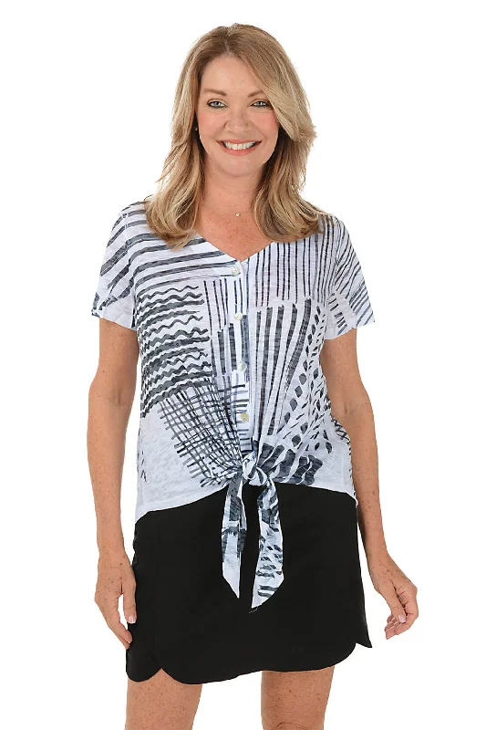 Women's Blouse with Peter Pan CollarBold Lines Burnout Button-Front Tee