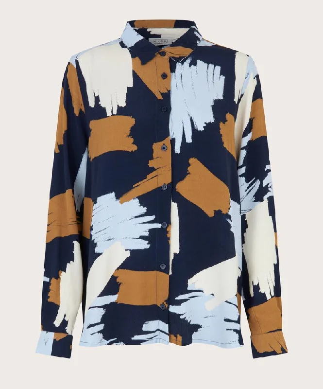 Women's Blouse with Cap Sleeves1007033 MaImma Print Shirt - Maritime Blue