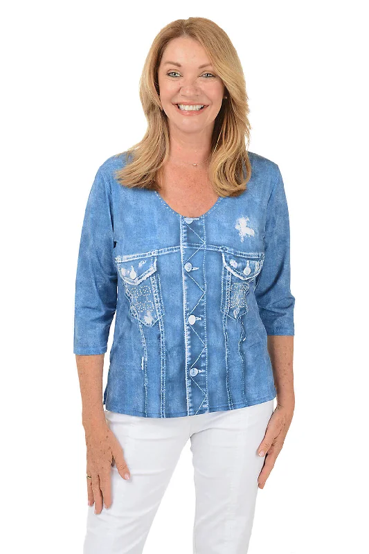 Women's Blouse with PatchesPrinted Double Pocket Denim Knit Top