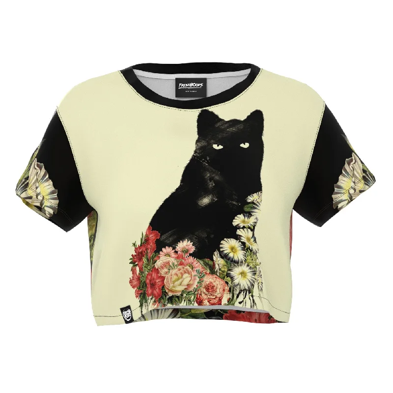 Women's Blouse with U-Shaped CollarBlack Cat Vintage Flowers Crop Top