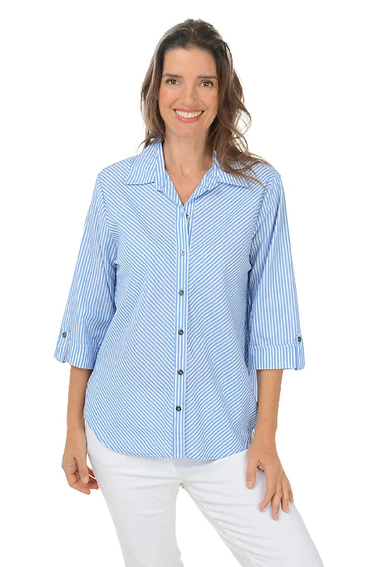 Women's Blouse with Peter Pan CollarPinstripe 3/4 Sleeve Button-Front Shirt