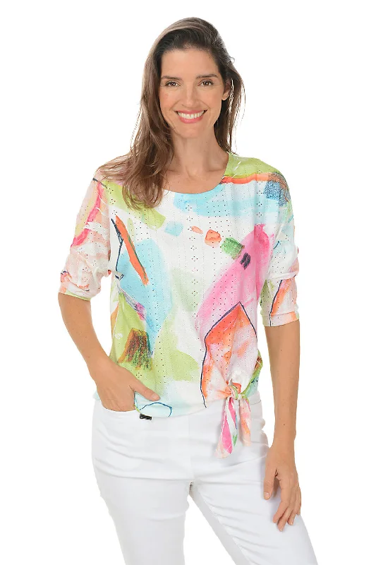 Women's Blouse with Three-Quarter SleevesPastel Paint Eyelet Tie-Front Top