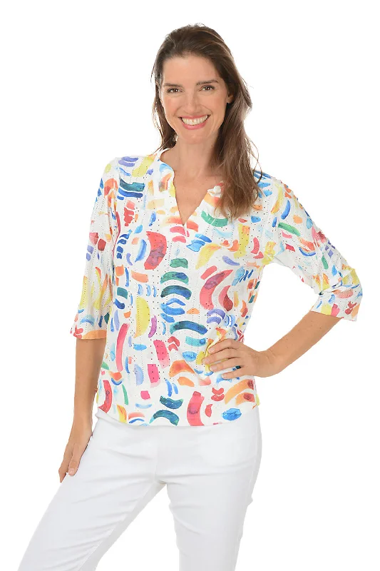 Women's Blouse with Notched CollarColorful Confetti High-Low Eyelet Top