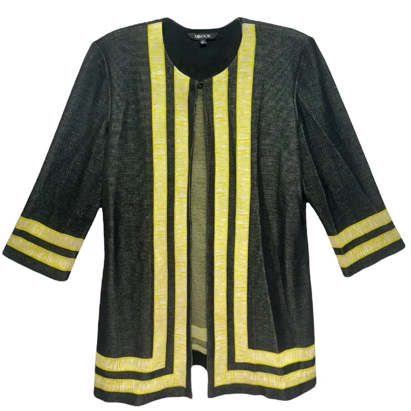 Women's Fitted SweatersLongline Cardigan By Misook In Black & Yellow Stripe, Size: S