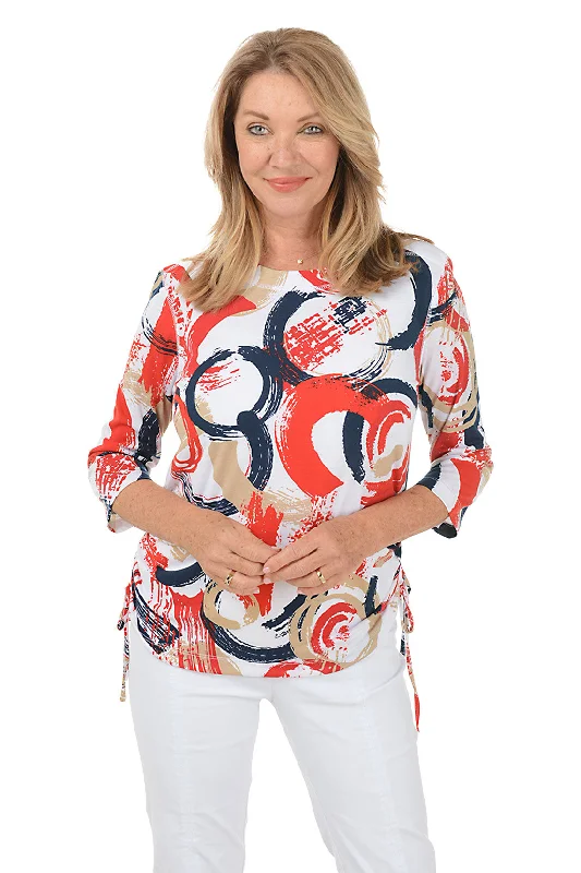 Women's Blouse with Boat CollarRed Painted Loops Side Shirred Knit Top