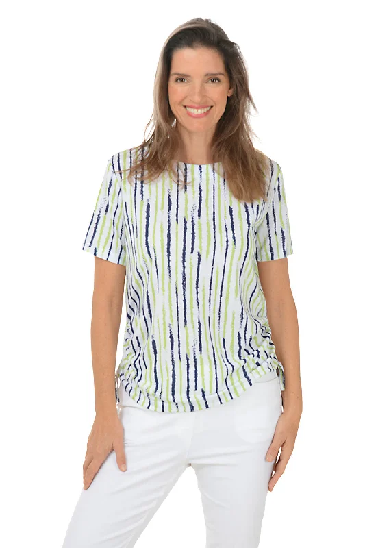 Women's Blouse with Narrow CollarAloe Vera Sketched Stripe Short Sleeve Top