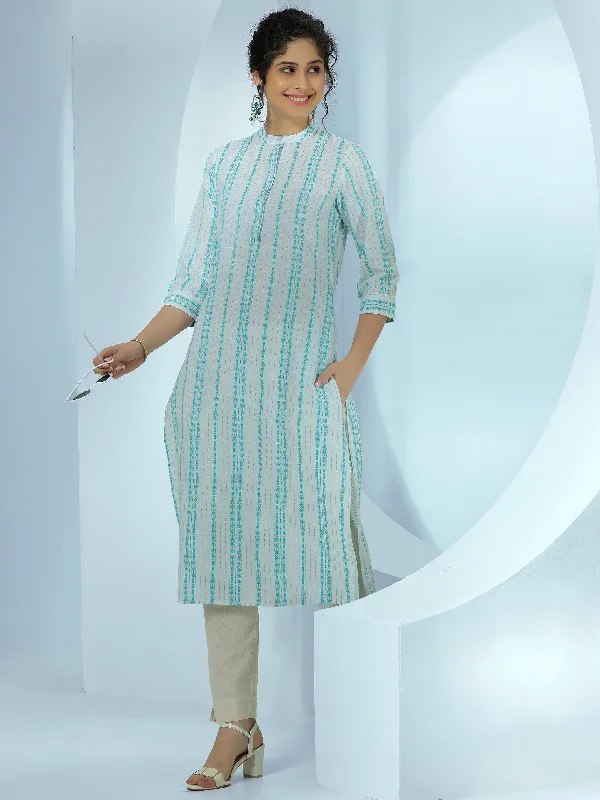 Women's Jumpsuits with Square CollarWhite Woven Design Cotton Straight Kurta