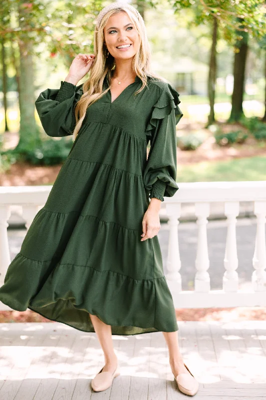 Women's One-Shoulder DressesFeeling The Fun Olive Green Ruffled Midi Dress