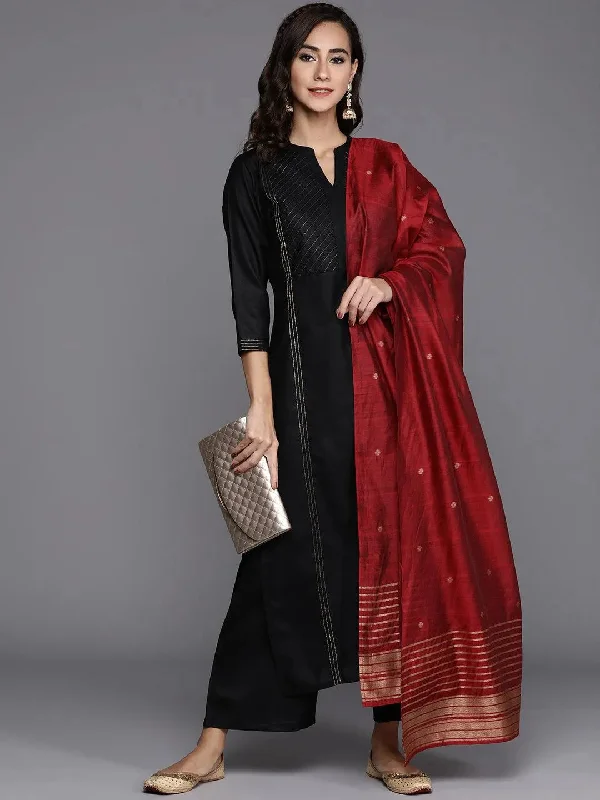 Women's Jumpsuits with Shawl CollarBlack Solid Cotton Straight Kurta With Palazzos & Dupatta