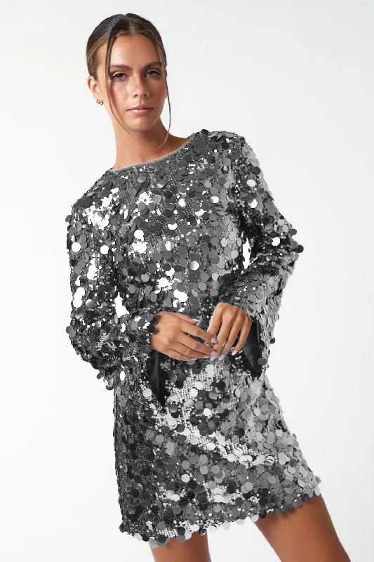 Women's Boat-Back DressesShort Sequin Bell Long Sleeve Mini Dress