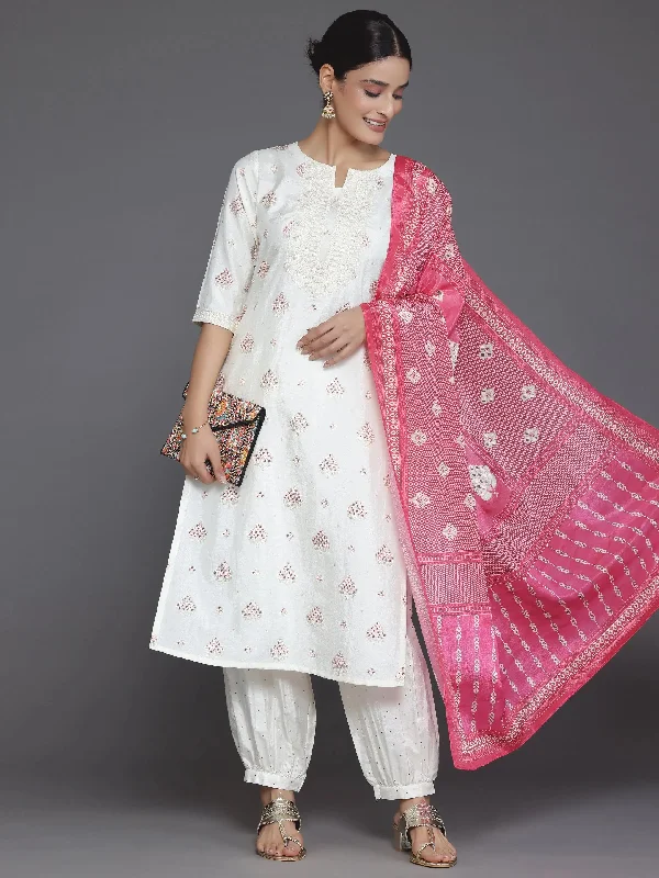 Women's Jumpsuits with Mandarin CollarOff White Printed Silk Blend Straight Suit With Dupatta