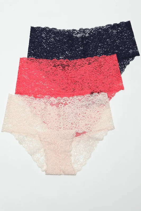 stretchable satin hipster panties with a lace trim for a luxurious feelBeWicked Nessa Lace Brief Panties 3 Pack Pink, Coral, Navy