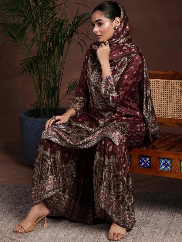 Women's Jumpsuits with Narrow CollarBrown Printed Silk Blend Straight Suit With Dupatta