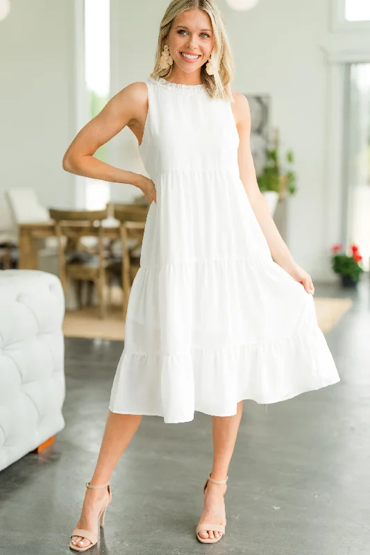 Women's Narrow-Neck DressesOn The Run White Ruffled Midi Dress