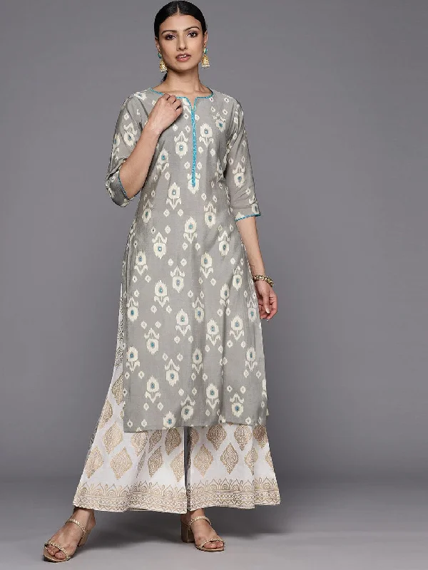 Women's Jumpsuits with Mandarin CollarGrey Printed Silk Straight Kurta