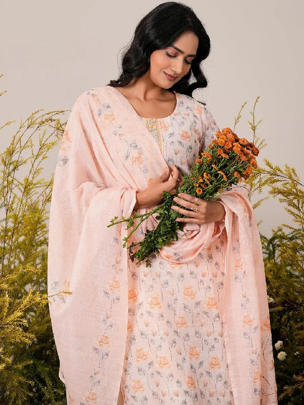 Women's Jumpsuits with High CollarPeach Printed Linen Straight Suit With Dupatta