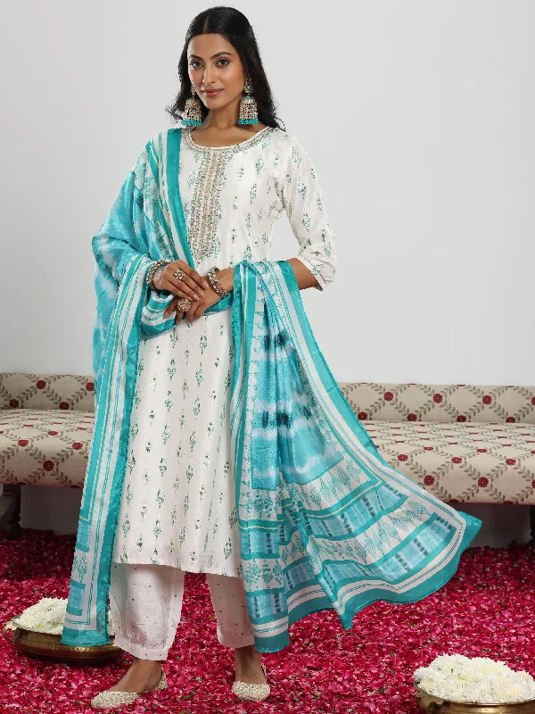 Women's Jumpsuits with Shirt CollarOff White Printed Silk Blend Straight Suit With Dupatta