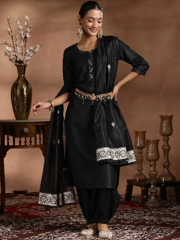 Women's Jumpsuits with High CollarBlack Solid Cotton Blend Straight Suit With Dupatta