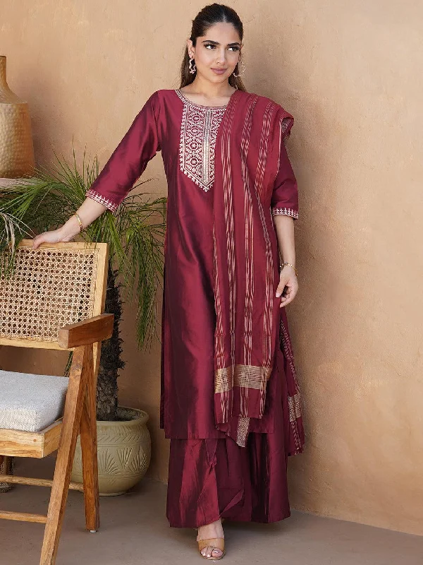 Women's Jumpsuits with Notched CollarRust Yoke Design Silk Blend Straight Suit With Dupatta