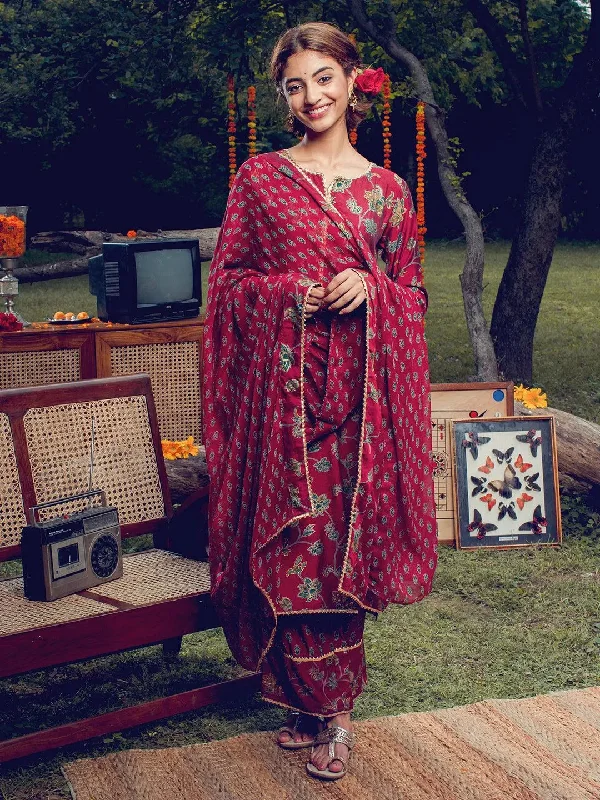 Women's Jumpsuits with Low CollarMaroon Printed Silk Blend Straight Kurta With Palazzos & Dupatta