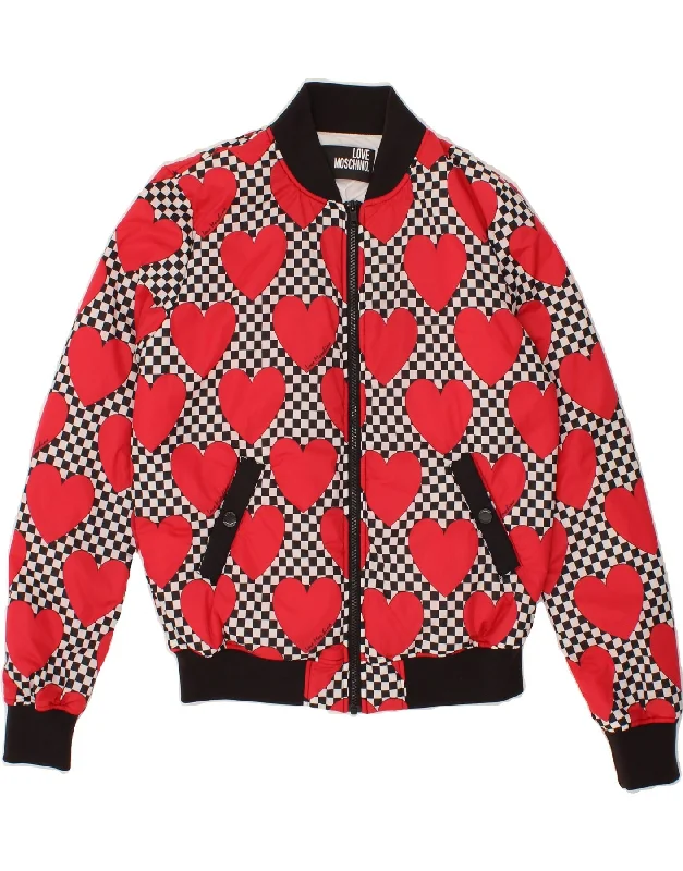 Women's Coats with Fur Trimmed ZipperMOSCHINO Womens Oversized Bomber Jacket UK 10 Small  Red Geometric Heart