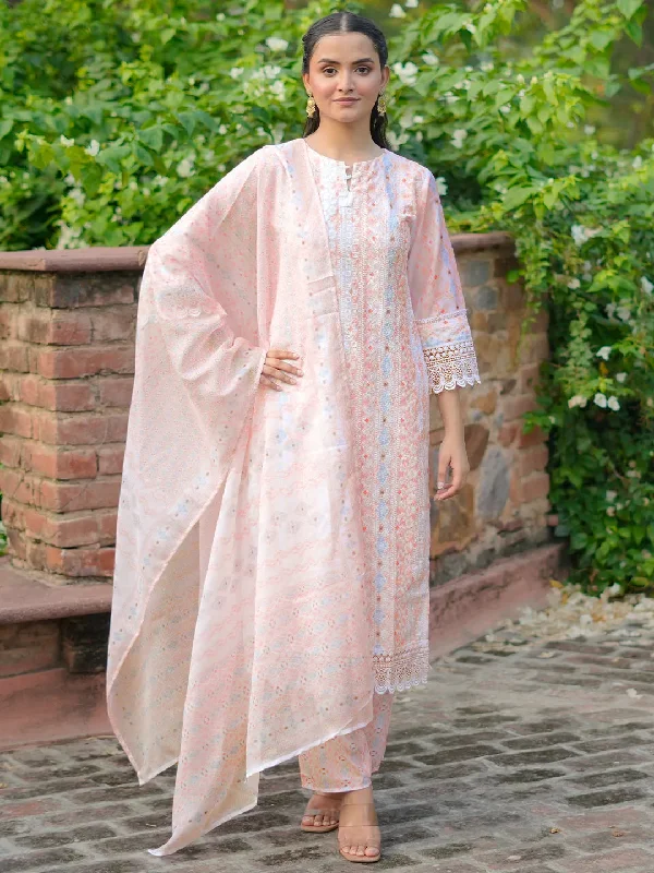 Women's Jumpsuits with Ankle LengthPeach Embroidered Cotton Blend Straight Suit With Dupatta