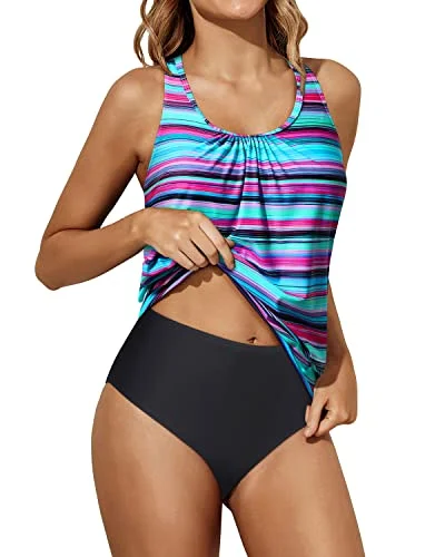 Women Two Piece Swimsuit Tummy Control Tankini Racerback Blouson Swimwear