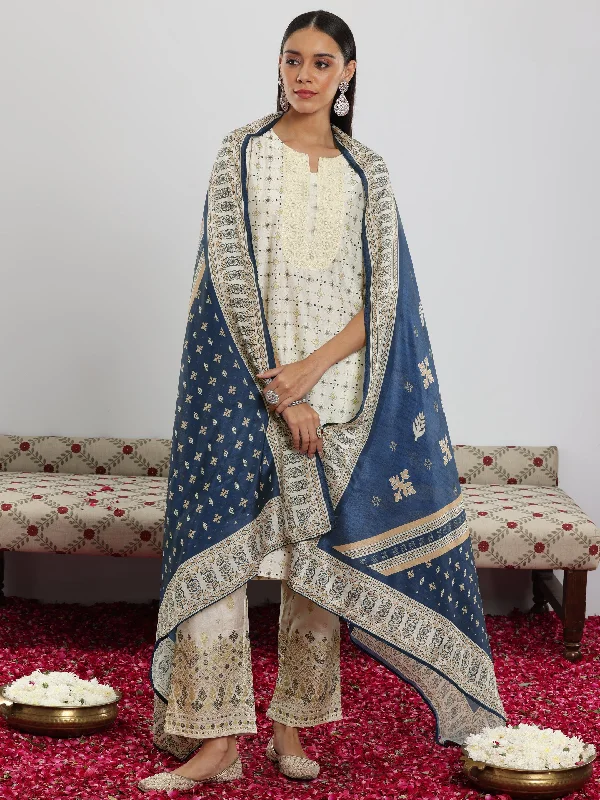 Women's Jumpsuits with V-Shaped CollarOff White Printed Silk Blend Straight Suit With Dupatta