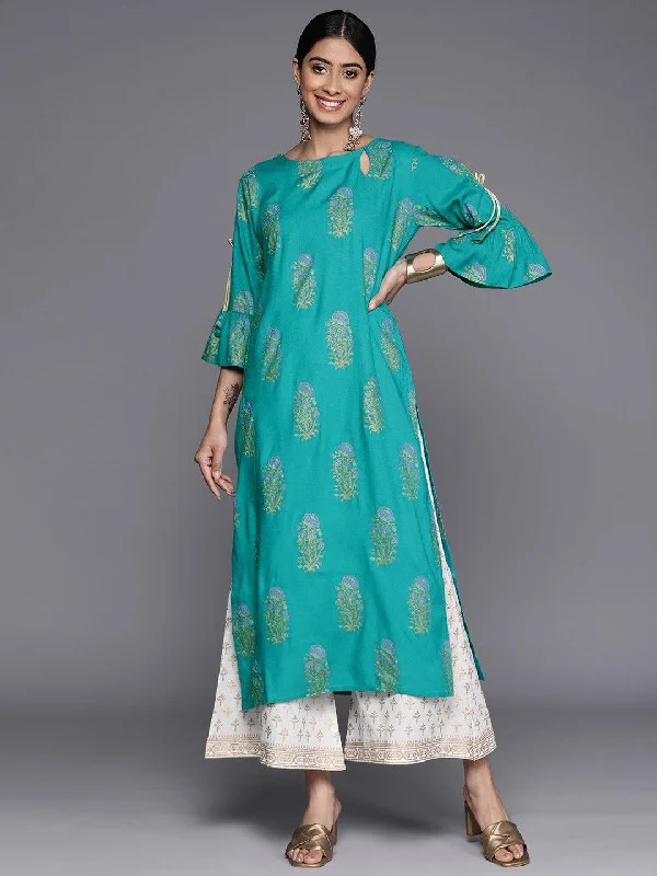 Women's Jumpsuits with Rounded HemBlue Printed Rayon Straight Kurta