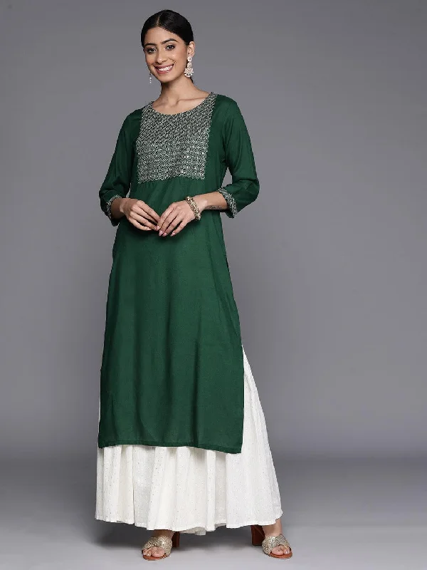 Women's Jumpsuits with Mandarin CollarGreen Yoke Design Rayon Straight Kurta