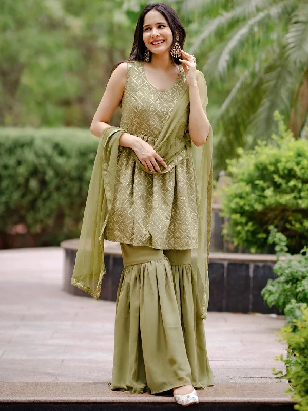 Women's Jumpsuits with V-Shaped CollarOlive Embroidered Georgette A-Line Sharara Suit Set With Dupatta