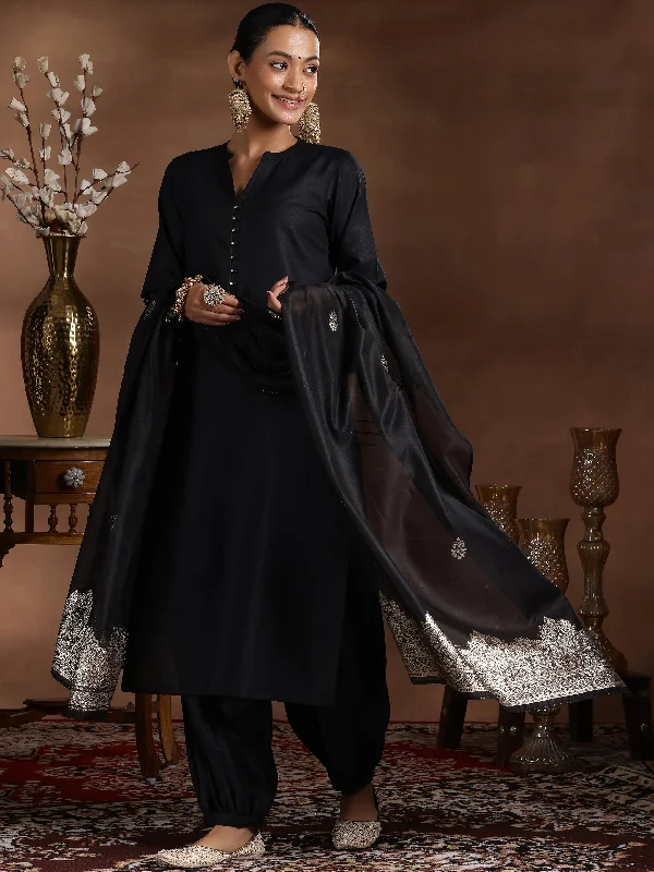 Women's Jumpsuits with Square CollarBlack Solid Cotton Blend Straight Suit With Dupatta